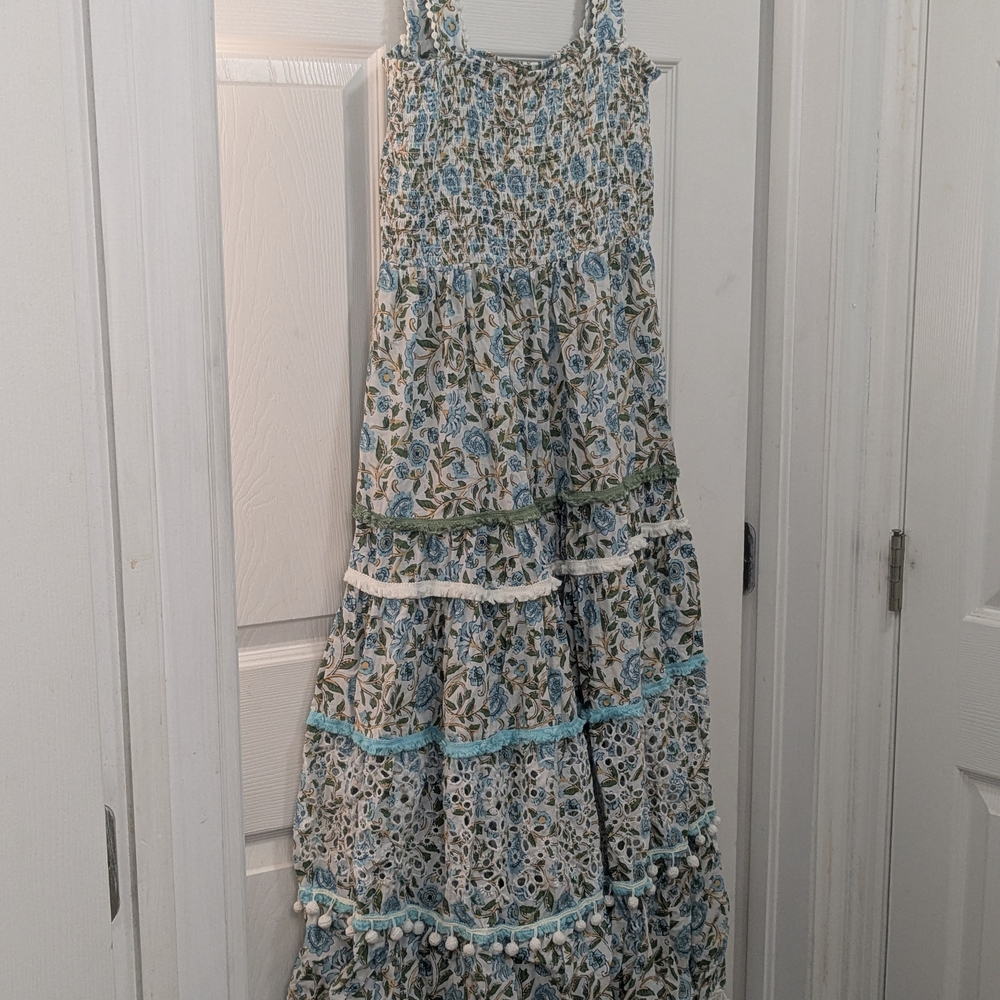 Zara Blue and Green Floral Tiered Dress